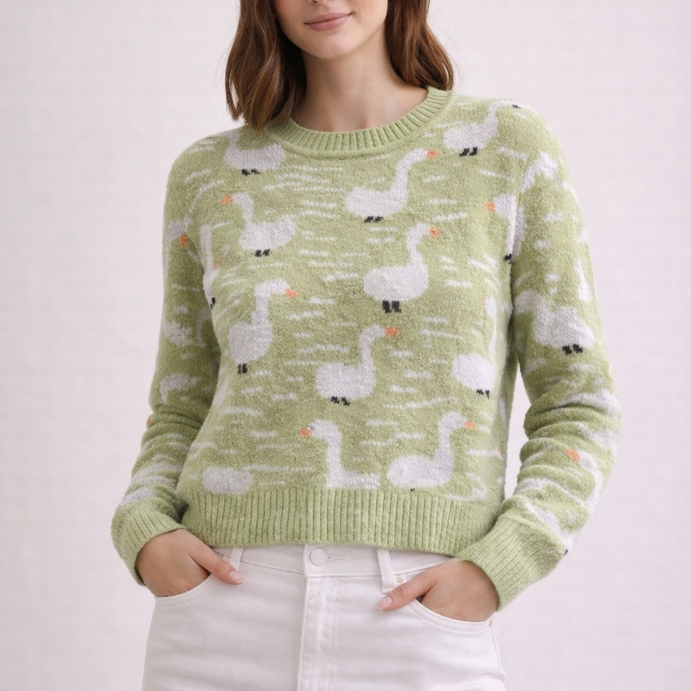 Cider Light Green Swan Intarsia Crewneck Sweater
